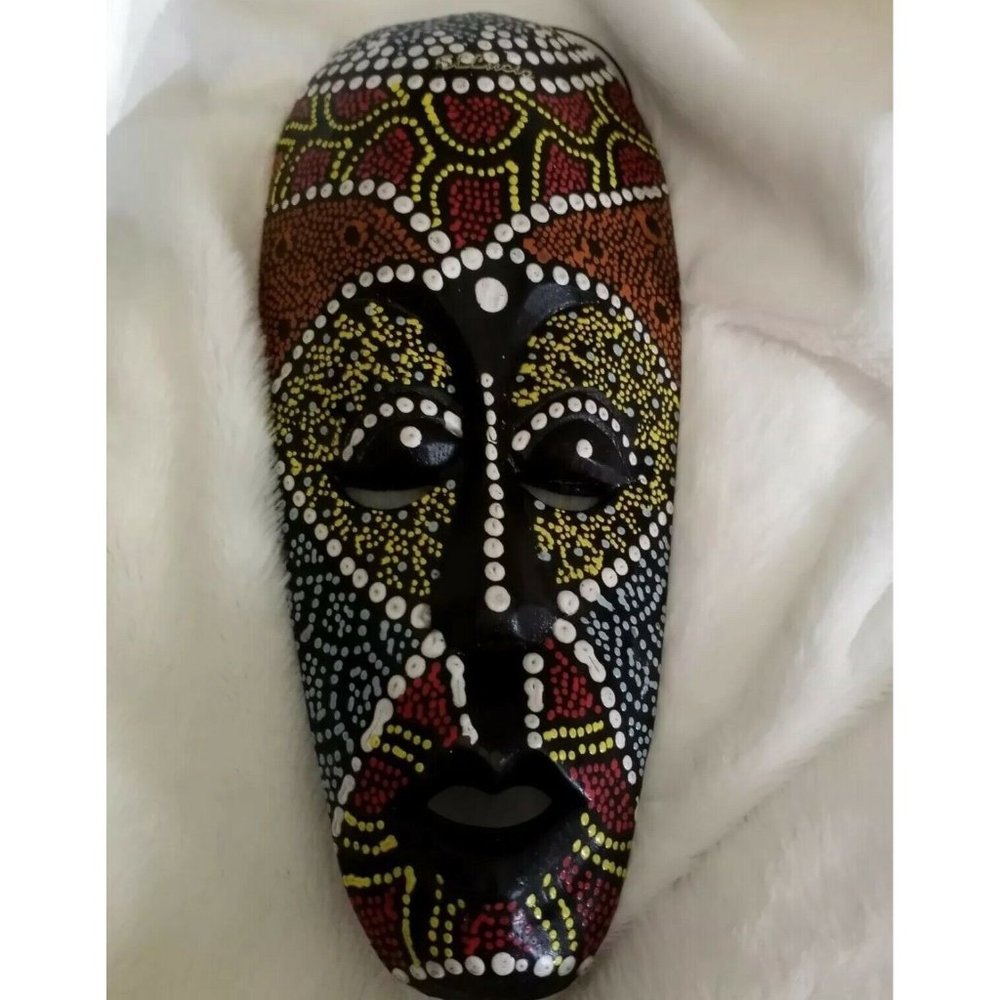 Wooden Tribal Ethnic Mask. Dot Painted.  Colorful Nursery Art Home Decor
